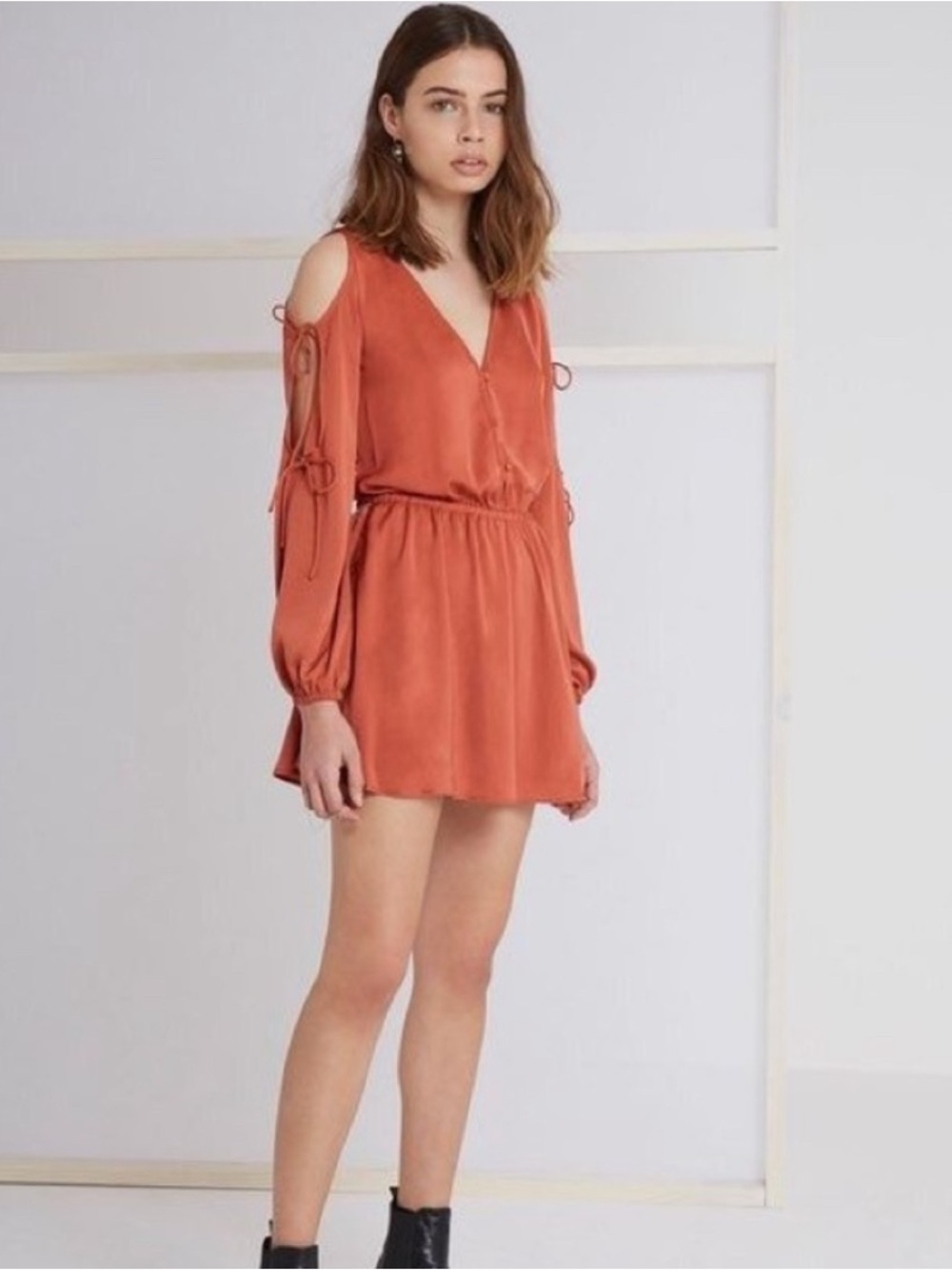 The Fifth Label Orange Cold-Shoulder V-Neck Mini Dress in Rust Fall Autumn